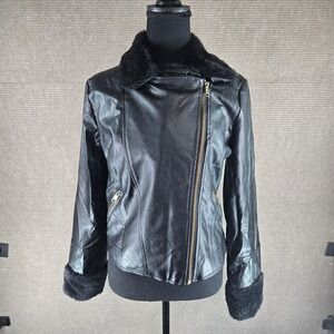 Love Star Womens Medium Black Faux Fur Trim Quilted Moto Biker Jacket